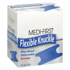 Fabric knuckle bandage, 1 1/2 in wide by 3 in long, with metal-detectable feature for contamination control in environments requiring foreign object detection. Unitized, non-sterile, latex free, and not water resistant. Supplied in a box.