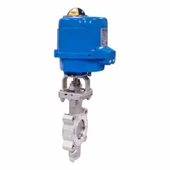This electric butterfly valve features a stainless steel disc and lug-style body for corrosion resistance in industrial piping systems. It operates on 100 to 240V AC power with manual input control signal, suitable for on-off or modulating flow control of liquids and gases.