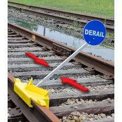 Two-way derailer for rail track applications, rated for a maximum speed of 10 mph. Used to safely divert rail cars or locomotives from the main track in industrial rail yards, mines, and plant sidings.