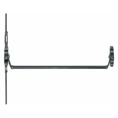 This concealed vertical rod exit device features a crossbar push pad and chrome finish. Designed for doors up to 44 inches wide, it provides safe egress while maintaining a clean appearance. Suitable for commercial applications requiring panic exit hardware.
