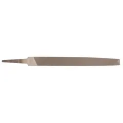 This NICHOLSON file features a rectangular, tapered double-cut design with a smooth cut and natural finish. It measures 14 inches in length without the tang, 1 3/8 inches in width, and 7/32 inches in thickness. Suitable for precision deburring and finishing on metal surfaces in toolrooms and machine shops.