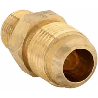 This flared/threaded adapter connects 5/8 in OD tubing to 3/8 in pipe threads. Made of low-lead brass, it meets SAE J513 standards for 45-degree flare seals. Used in hydraulic, pneumatic, and fluid-handling systems for leak-tight connections