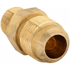 This flared/threaded adapter connects 5/8 in OD tubing to 3/8 in pipe threads. Made of low-lead brass, it meets SAE J513 standards for 45-degree flare seals. Used in hydraulic, pneumatic, and fluid-handling systems for leak-tight connections.