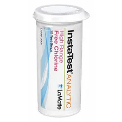 Single-parameter test strips for measuring free chlorine levels in water. Each strip provides a reading from 0 to 800 ppm. Pack of 50 strips, each 3 inches long. Used for routine water testing in industrial water treatment, sanitation monitoring, and disinfection verification.