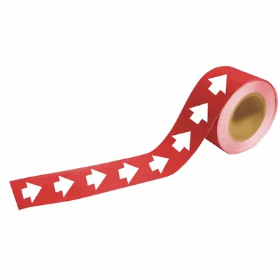 BRADY Pipe Marker: Red, White, 12 in Wd, Coiled Plastic, 12 in Roll Wd - Pipe Marker Directional Flow Arrows