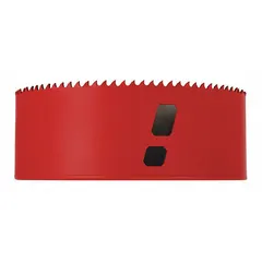 Multi-material-cutting hole saw with 5-inch diameter, 5/6 teeth per inch, and 5/8"-18 thread size. Maximum cutting depth of 1 7/8 inches. Used for cutting holes in wood, metal, and plastic in construction, fabrication, and maintenance applications.