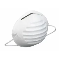 Molded white nuisance dust mask in size M with a metal nose clip and a single non-adjustable headstrap. No face seal. Not NIOSH-rated. Suitable for non-hazardous airborne particulates such as sawdust, pollen, and drywall dust in light industrial or construction settings. Supplied in a 50-pack.