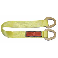 Triangle web sling made of nylon with 2 plies, yellow color, 4 ft sling length, and 12 in eye length. Features a wear-resistant tag that is fully sewn attached. Used for lifting and rigging loads in industrial settings with cranes and hoists.