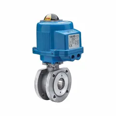 This BONOMI electrically-actuated ball valve features a stainless steel body and operates on 100 to 240V AC power. It includes an ISO 5211 actuator mounting pad and a manual override for emergency operation. Suitable for on/off flow control of liquids and gases in industrial piping systems.