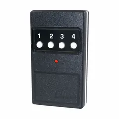4-channel, 4-button visor transmitter operating at 310 MHz with 64 programmable codes. Batteries included. Suitable for remote activation of gates, garage doors, or access barriers from a vehicle.