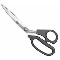 These offset plastic-handle scissors feature straight stainless steel blades with pointed tips and a black finish. The 9-inch overall length and ambidextrous design make them suitable for general cutting tasks such as paper, fabric, and light packaging in workshops, offices, or industrial settings.