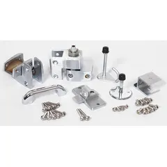 This ADA-compliant outswing door kit is designed for solid plastic polymer bathroom partitions. The bright-finished kit includes fasteners and measures 3-1/4 inches in height by 5-1/2 inches in width. Suitable for commercial restroom applications requiring accessible door hardware.