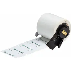 Polyester calibration label roll in green/white, sizes 3/4 in x 1 1/2 in and 1 1/2 in x 3/4 in. Features halogen-free material and acrylic adhesive. Compatible with BMP71 printer using Media Adapter. Used for color-coded calibration status labeling on industrial equipment.