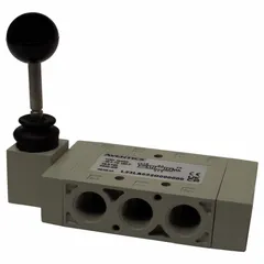Lever-operated, four-way, three-position pneumatic valve with closed center and spring return. Provides manual directional control for pneumatic actuators in industrial machinery and automation systems.