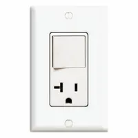 This Leviton combination device integrates a rocker switch with a 5-20R straight-blade receptacle, rated 20 A at 120 V AC. The white finish suits flush mounting in standard wall boxes. Typical applications include controlling lighting or equipment while providing a power outlet in workstations, labs, and maintenance areas where space is limited