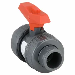 This manual two-way ball valve features a straight PVC body with 1/2 in FNPT x FNPT connections and a full port ball port for unrestricted flow. The tee handle provides easy manual operation. Suitable for use in PVC piping systems requiring corrosion resistance and flow control.
