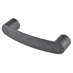 This fixed, non-recessed antimicrobial pull handle is made of black matte technopolymer with a 3.58 in grip length and 0.33 in grip thickness. It mounts via threaded holes accepting 1/3 in screws. Suitable for use in environments requiring hygiene and corrosion resistance, such as industrial enclosures and food-processing machinery.
