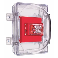 Clear polycarbonate alarm guard for indoor wall-mounted strobe units. Surface-mount design with 8 1/2 in overall depth. Includes mounting hardware. Water resistant to help protect against vandalism and accidental damage.