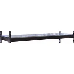 This shelf kit includes four beams and a single straight steel-plank decking shelf with a 22 ga steel deck and powder-coated black finish. Designed for boltless shelving systems, it supports up to 770 lb and is suited for organizing boxes, tools, and parts in industrial storage areas.