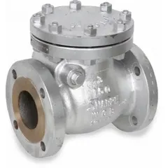 This SHARPE swing check valve is a 2-way inline valve with an 8-inch pipe size and flange x flange connections. The carbon steel body and metal seat provide backflow prevention in industrial piping systems handling liquids or gases.