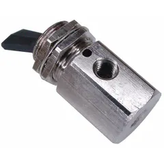 Three-way, normally closed manual air control valve with brass body and toggle actuator featuring detent mechanism. Port connection is 10-32 Female UNF. Suitable for pneumatic circuits requiring manual on/off control in industrial automation and assembly applications.