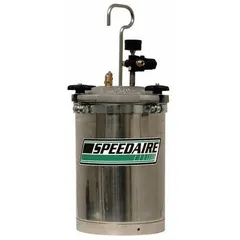 Stainless steel paint pressure tank with 2.5-gallon capacity, maximum operating pressure of 50 psi, and one regulator. Includes a safety valve. Used for supplying paint or other fluids to spray guns in industrial finishing, automotive refinishing, and maintenance painting applications.