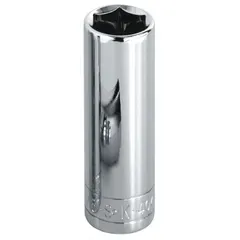 This 1/2" drive hand socket features a 7/16" SAE size, 6-point configuration, and deep length for accessing recessed fasteners. Constructed from chrome for corrosion resistance, it is suited for turning hex nuts and bolts in mechanical and industrial applications.