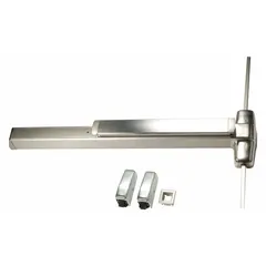 This VON DUPRIN exit device is a surface vertical rod rim push bar with a stainless steel touchbar. It is designed for doors up to 4 ft wide and is ADA compliant for accessible egress. Suitable for use in commercial and industrial facilities requiring emergency exit hardware.