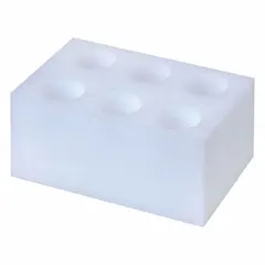White foam vial rack with six compartments for holding up to six tubes. Used in laboratory settings for organizing and securing sample tubes during storage, processing, or transport.