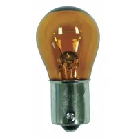 Single-contact bayonet (BA15s) lamp with S8 bulb shape and amber light. Operates at 12V AC. Trade number 7507 (PY21W NA). Suitable for automotive turn signals, marine navigation, and industrial warning or indicator lights