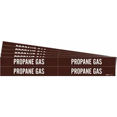 Adhesive pipe marker for identifying propane gas lines. Brown background with white legend text. Fits pipe outer diameters from 3/4 to 2-3/8 inches. Pack includes 4 markers without directional arrows. Sold in a 5-pack.
