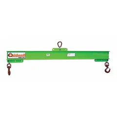 This CALDWELL lifting beam is an adjustable composite model with a 2000 lb working load limit and 74 in overall length. It is used for lifting unbalanced or long loads with a single crane hook, providing stable and level lifting in material handling applications.