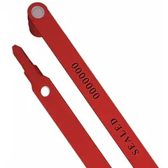 Red plastic strap seals with 6 in length and 3/8 in width, breaking strength of 50 lb. Each seal is laser marked in black with the message 'Sealed' and sequential numbering. Supplied in a 50-pack. Used for securing bags, pouches, and containers in industrial, logistics, and retail applications.