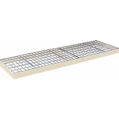 This wire decking shelf kit is designed for boltless shelving systems, providing a single straight shelf configuration. It includes two front-to-back beams and features a powder-coated steel frame with 4 ga steel decking in a tan finish. The shelf supports up to 600 lb, suitable for organizing parts, boxes, or tools in storage areas.