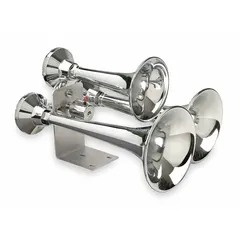 Chrome-plated low-tone air horn for trucks, includes heavy-duty 12V electric solenoid valve. Delivers a maximum 152 dB sound level. Suitable for use in commercial and heavy-duty vehicle applications requiring an audible warning signal.