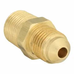 This brass 45-degree flare tube fitting elbow connects 3/4 in OD tubing to 1/2 in pipe thread. It features a flared end and threaded end, meeting SAE J513 standards. Supplied as a 10-pack, it is used in hydraulic, pneumatic, fuel, and instrumentation systems.