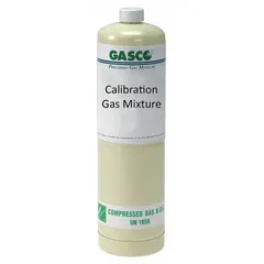 Disposable calibration gas cylinder with 34 L capacity, containing 1,200 ppm hydrogen in an air background. Features +/-5% accuracy and CGA 600 connection. Used for calibrating portable gas detectors that sense hydrogen in industrial safety applications.