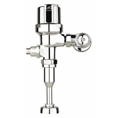 This battery-operated urinal automatic flush valve is an exposed model with a top spud location. It delivers 0.5 gallons per flush (gpf) for water-efficient operation. Suitable for commercial restroom urinals requiring touch-free flushing.