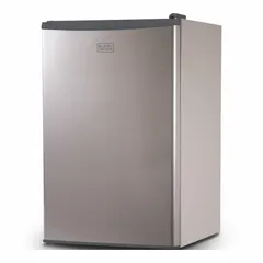 This BLACK & DECKER mini refrigerator offers 4.3 cu ft total capacity with a silver finish. It features manual defrost and three shelves for organizing beverages and small food items. Energy Star certified for efficiency, it is suitable for compact storage in offices, dorm rooms, or workshops.