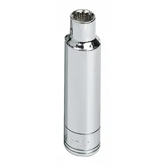 This 1/2" drive hand socket features a 3/8" SAE size with a 12-point deep design, constructed from chrome. It is used for turning fasteners in automotive, industrial, and mechanical applications, providing access to recessed or protruding bolts.
