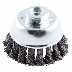This light-cleaning brush is designed for carbon steel surfaces. It features crimped wire bristles with a 0.02 in fill diameter and a 2-3/4 in overall diameter. The brush connects via a 3/8"-24 arbor hole. Typical applications include removing rust, scale, and light burrs from metal parts, weld joints, and machinery components.