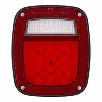 Rectangular LED combination light with red/white lens, providing stop, turn, and tail functions. Features stud mount for permanent installation and blunt cut wires for electrical connection. Complies with DOT/SAE standards J587, J593, J594, J2040, and J2261. Suitable for use on trailers, trucks, and commercial vehicles requiring a multi-function rear light