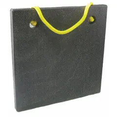 Square black polymer outrigger pad with 100-ton vertical load capacity and 18-inch overall length. Features an orange handle for positioning. Used to stabilize mobile cranes, aerial lifts, and heavy equipment by distributing load over a wider area on soft ground.