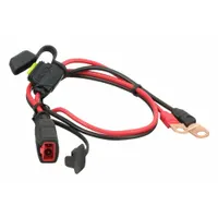 The NOCO GC002 is a UL listed eyelet terminal connector with a rubber housing, designed for secure electrical connections in battery charging applications. The black and red color coding ensures correct polarity identification. This connector is commonly used to attach battery chargers or maintainers to vehicle batteries in cars, trucks, boats, and equipment