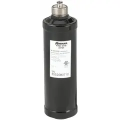 This ROBINAIR recycling filter-drier is designed for use in automotive refrigerant recovery and recycling machines. It measures 12 inches by 3-13/16 inches by 3-13/16 inches and is supplied as a single piece. The filter-drier removes moisture, acids, and contaminants from refrigerant during the recycling process.