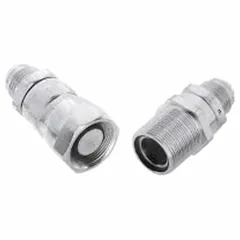 PARKER quick coupler with Access 1 7/16 in Male and Line 1 1/4 in UN Male connections, 1 3/4 in length. Designed for connecting refrigeration access valves in automotive systems, enabling secure coupling for service or charging procedures.