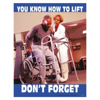 This 22 in x 17 in safety poster reminds employees of proper lifting techniques to reduce back injuries. Printed in English with a write-on surface for custom notes. No protective coating; frame not included. Suitable for indoor use in training areas or break rooms