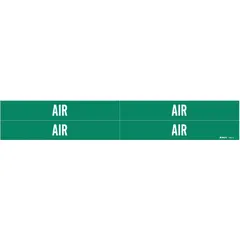 Green adhesive pipe marker with white 'Air' legend, designed for identifying compressed air or pneumatic piping systems. Fits pipe outer diameters from 3/4 to 2-3/8 inches. Pack includes 4 markers without arrows. Suitable for indoor/outdoor use on clean pipe surfaces.