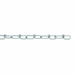 This light-duty jack utility chain is made of steel with a zinc finish. It features a double-loop design and has a 2 in chain trade size with a working load limit of 115 lb. Suitable for overhead lifting, towing, and securing loads in industrial and warehouse settings.