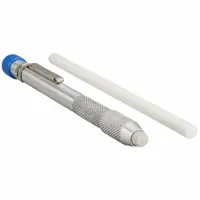 This soapstone marker and holder set includes a round 7/16-inch diameter by 5-inch long soapstone for marking on metal surfaces. The set comes with pocket clips for convenient attachment to clothing or tool belts. Suitable for use in welding, fabrication, and general metalworking applications